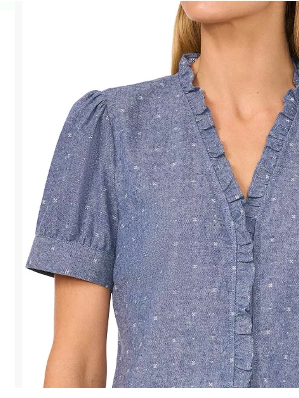 CeCe Blue Chambray Ruffle V-Neck Blouse new